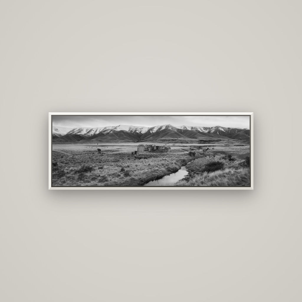 Whispers of Solitude, The Old Homestead — Basel White, 113×40 cm. New Zealand fine art wall art by Stephen Milner.