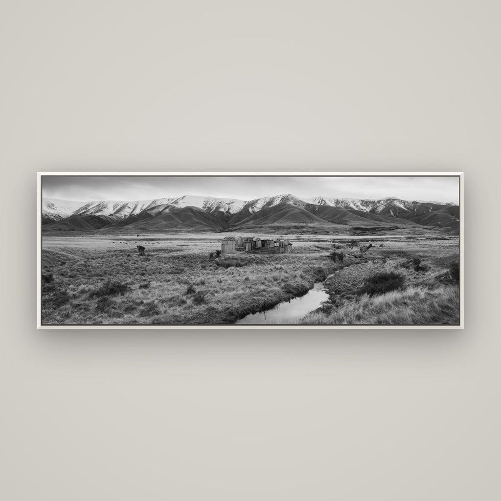 Whispers of Solitude, The Old Homestead — Basel White, 170×60 cm. New Zealand fine art wall art by Stephen Milner.