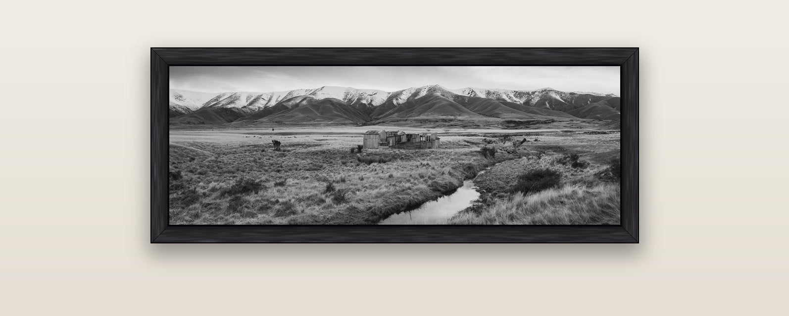 Whispers of Solitude, The Old Homestead — black float frame canvas, 102 × 36 cm. New Zealand fine art landscape wall art by Stephen Milner.