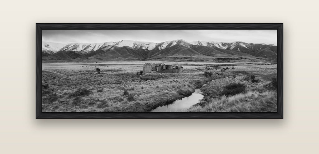 Whispers of Solitude, The Old Homestead — black float frame canvas, 152 × 56 cm. New Zealand fine art landscape wall art by Stephen Milner.