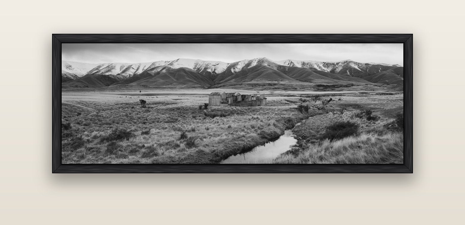 Whispers of Solitude, The Old Homestead — black float frame canvas, 152 × 56 cm. New Zealand fine art landscape wall art by Stephen Milner.