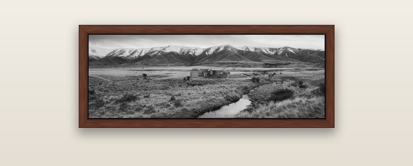 Whispers of Solitude, The Old Homestead — brown float frame canvas, 102 × 36 cm. New Zealand fine art landscape wall art by Stephen Milner.