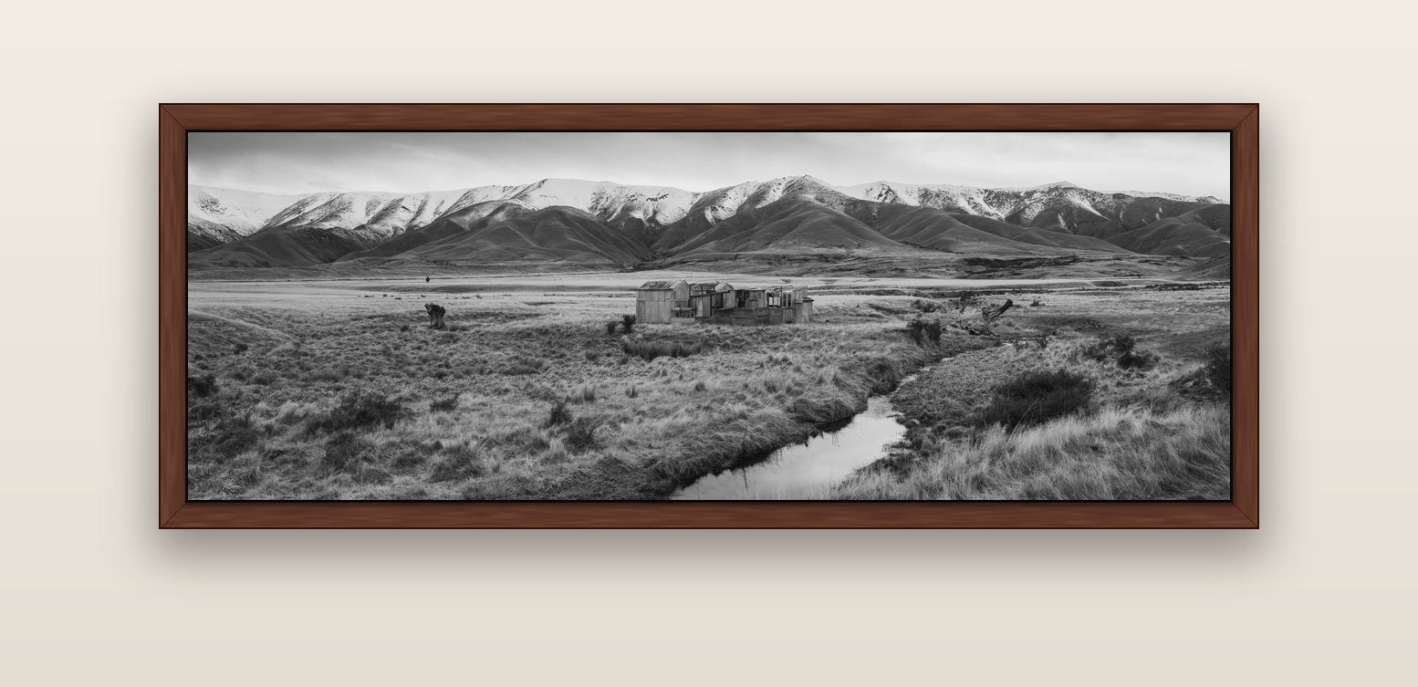 Whispers of Solitude, The Old Homestead — brown float frame canvas, 152 × 56 cm. New Zealand fine art landscape wall art by Stephen Milner.