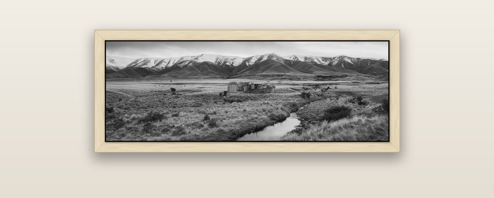 Whispers of Solitude, The Old Homestead — natural float frame canvas, 102 × 36 cm. New Zealand fine art landscape wall art by Stephen Milner.