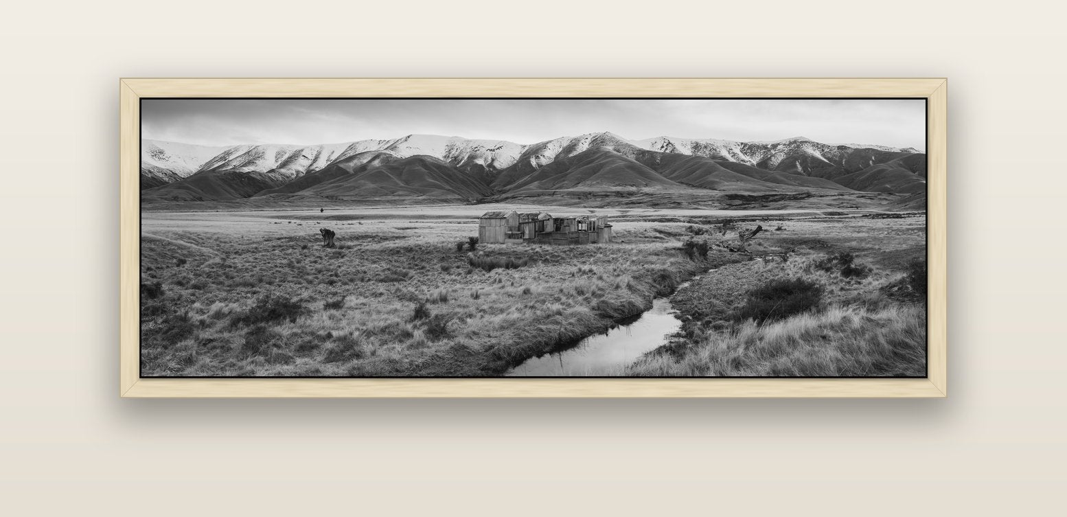 Whispers of Solitude, The Old Homestead — natural float frame canvas, 152 × 56 cm. New Zealand fine art landscape wall art by Stephen Milner.