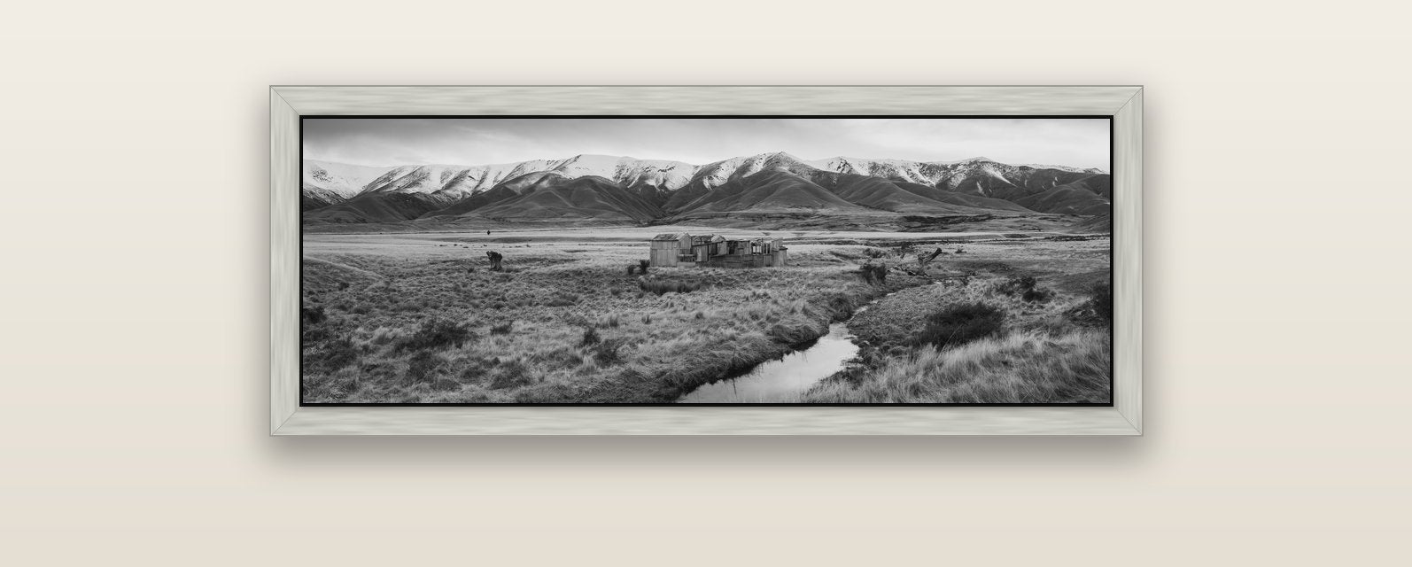 Whispers of Solitude, The Old Homestead — silver float frame canvas, 102 × 36 cm. New Zealand fine art landscape wall art by Stephen Milner.