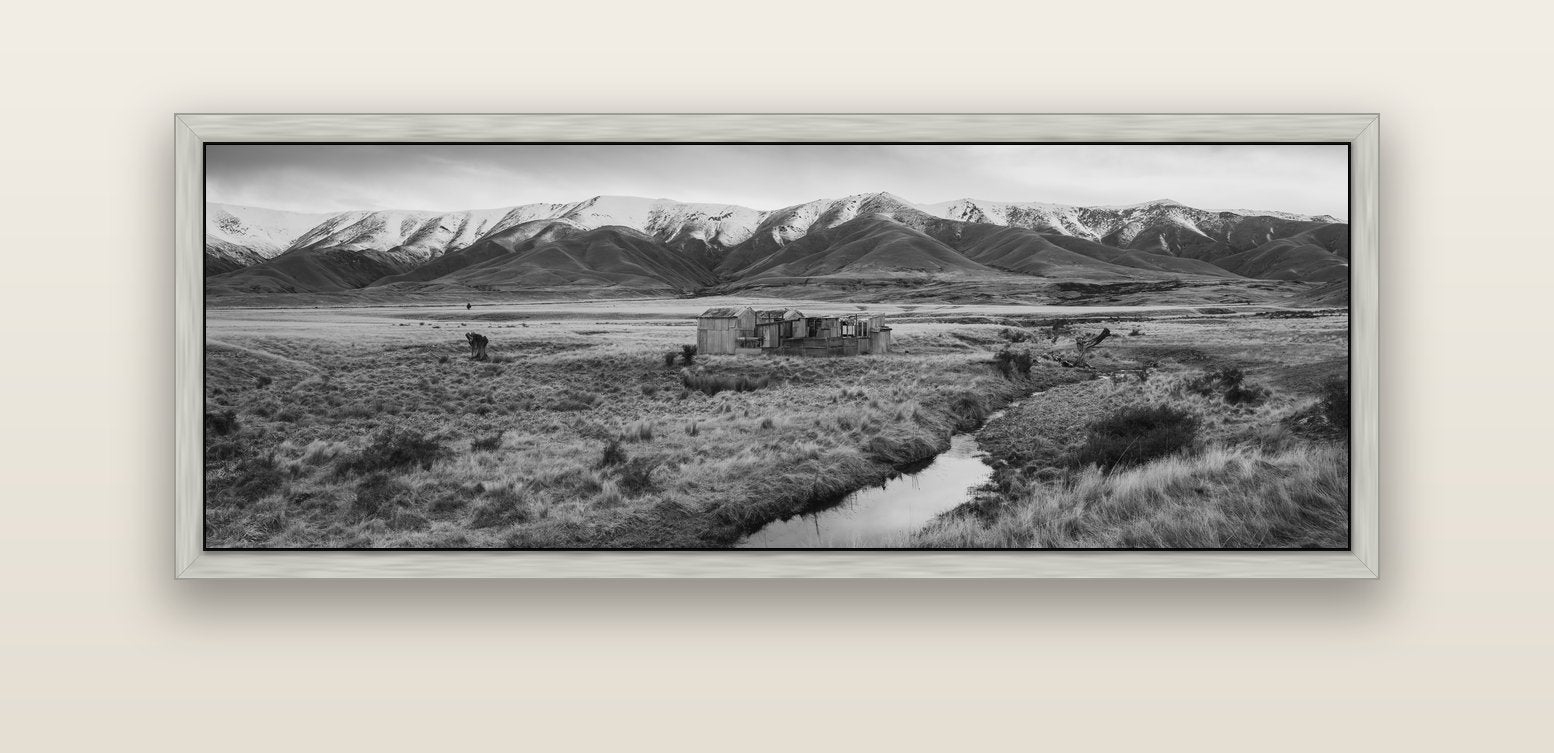 Whispers of Solitude, The Old Homestead — silver float frame canvas, 152 × 56 cm. New Zealand fine art landscape wall art by Stephen Milner.