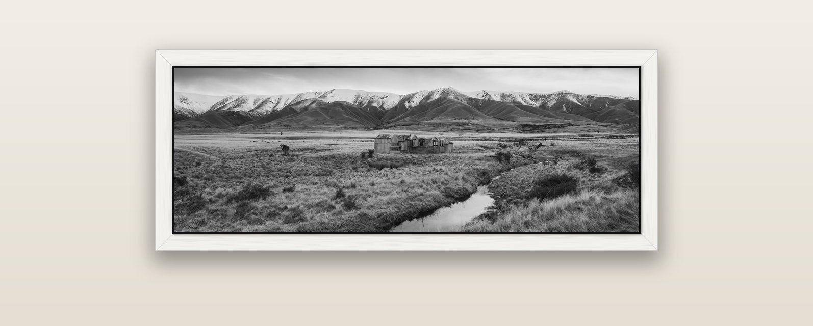 Whispers of Solitude, The Old Homestead — white float frame canvas, 102 × 36 cm. New Zealand fine art landscape wall art by Stephen Milner.