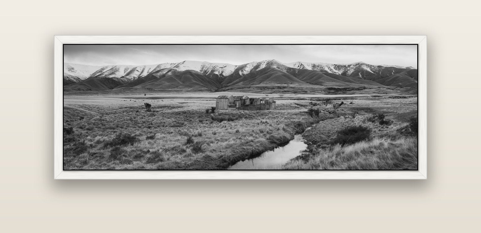 Whispers of Solitude, The Old Homestead — white float frame canvas, 152 × 56 cm. New Zealand fine art landscape wall art by Stephen Milner.