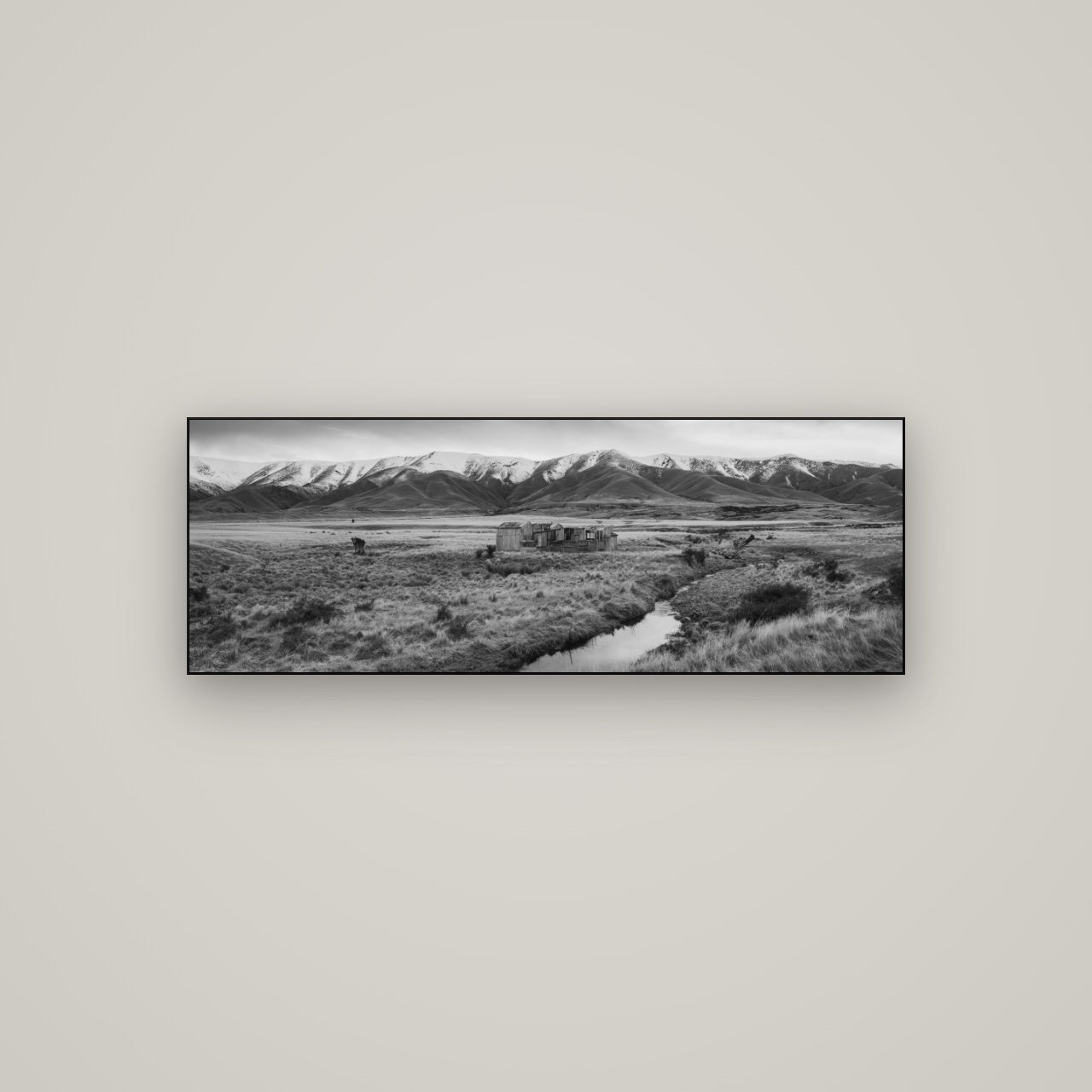Whispers of Solitude, The Old Homestead — Slimline Black, 113×40 cm. New Zealand fine art wall art by Stephen Milner.