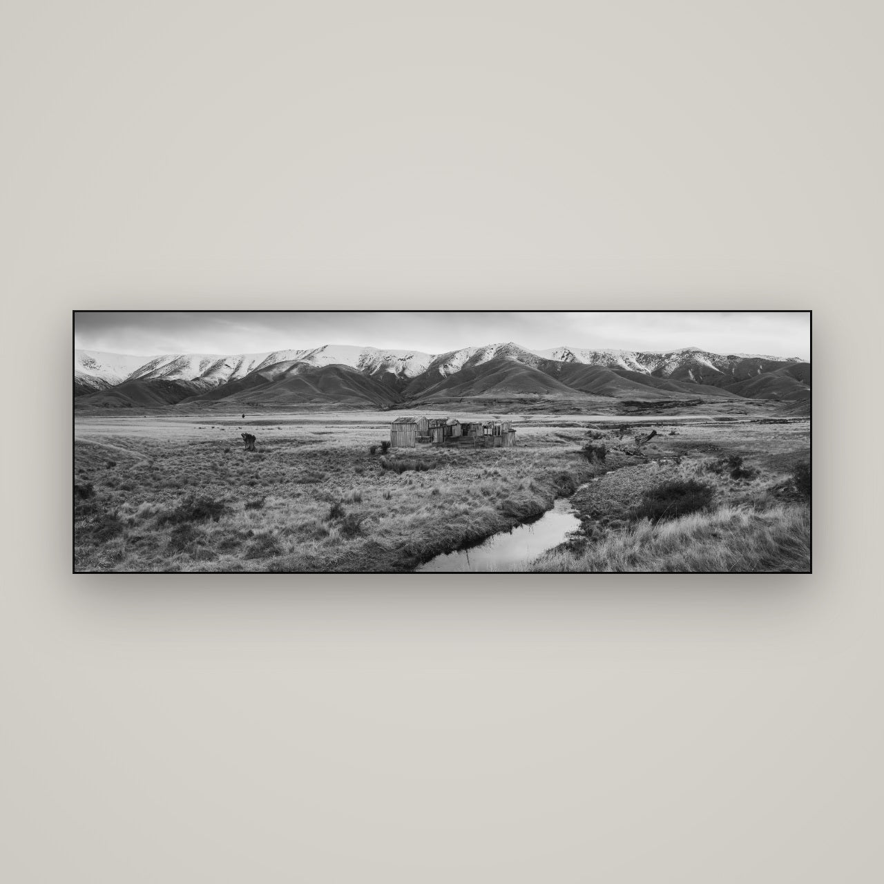 Whispers of Solitude, The Old Homestead — Slimline Black, 170×60 cm. New Zealand fine art wall art by Stephen Milner.