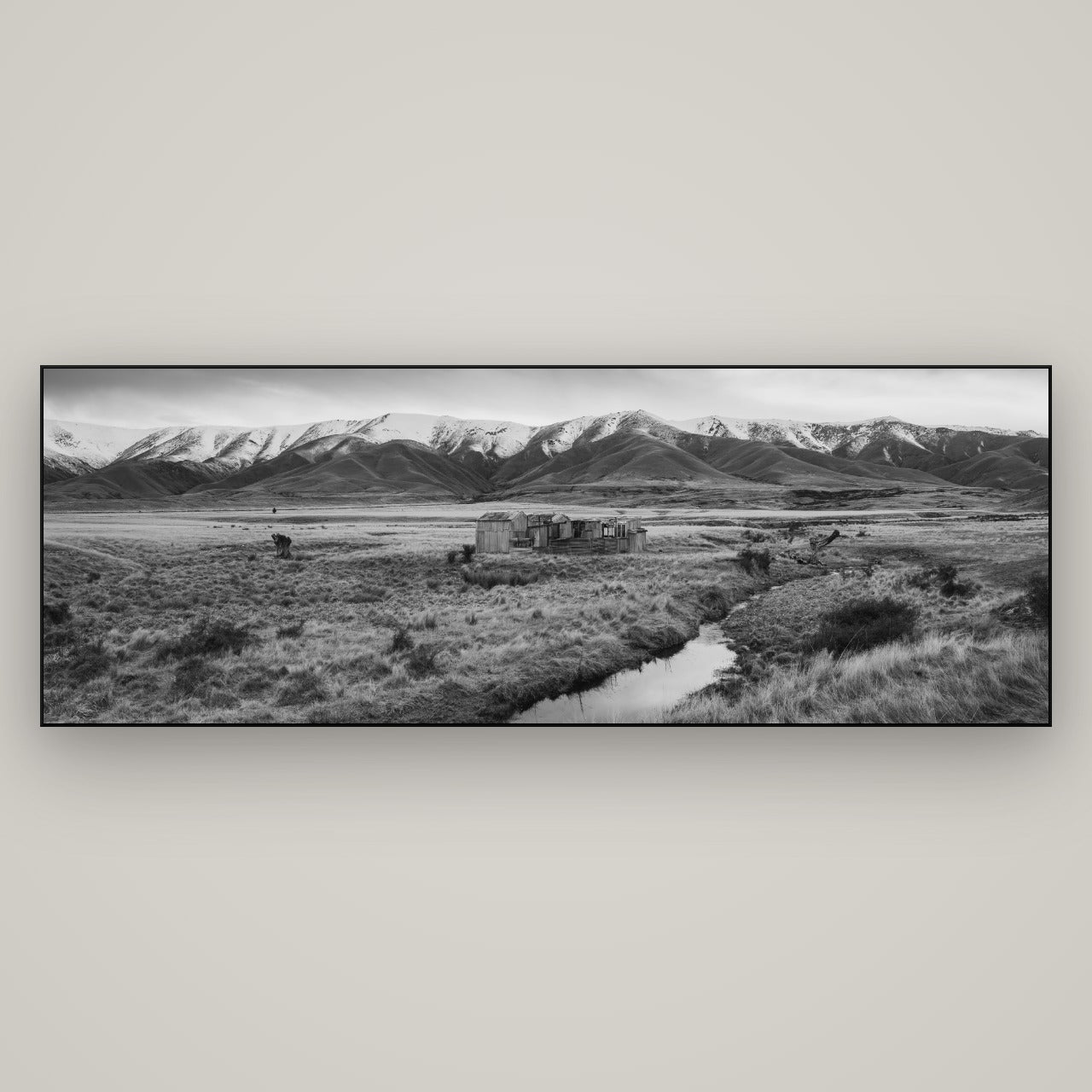 Whispers of Solitude, The Old Homestead — Slimline Black, 198×70 cm. New Zealand fine art wall art by Stephen Milner.