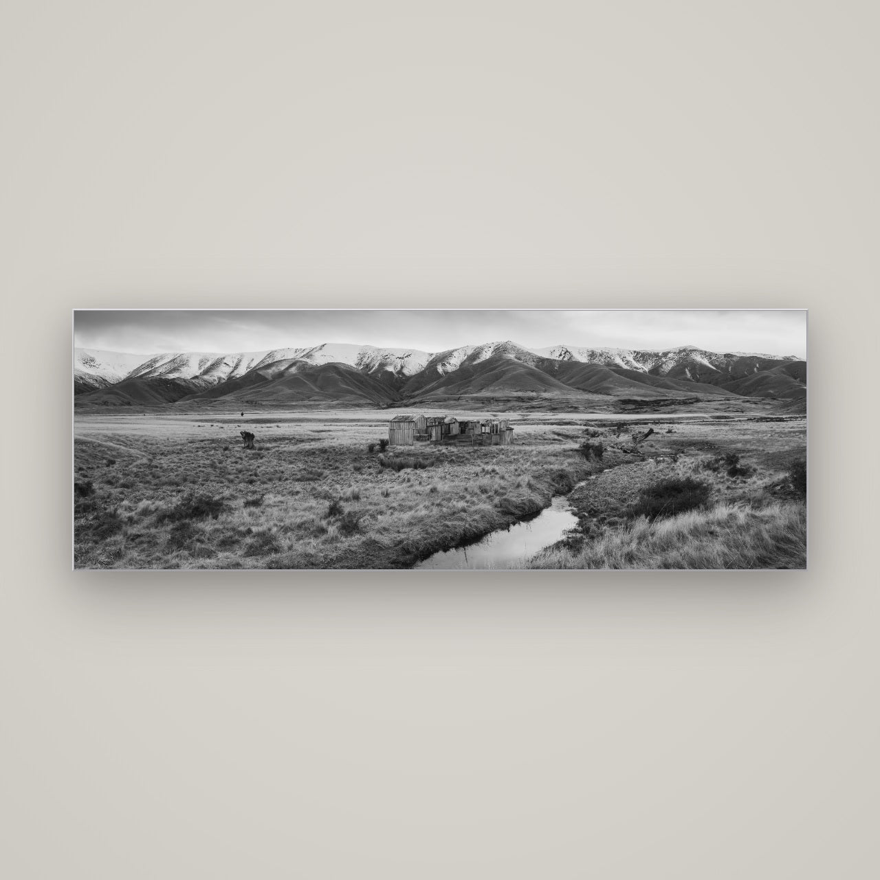 Whispers of Solitude, The Old Homestead — Slimline Silver, 170×60 cm. New Zealand fine art wall art by Stephen Milner.