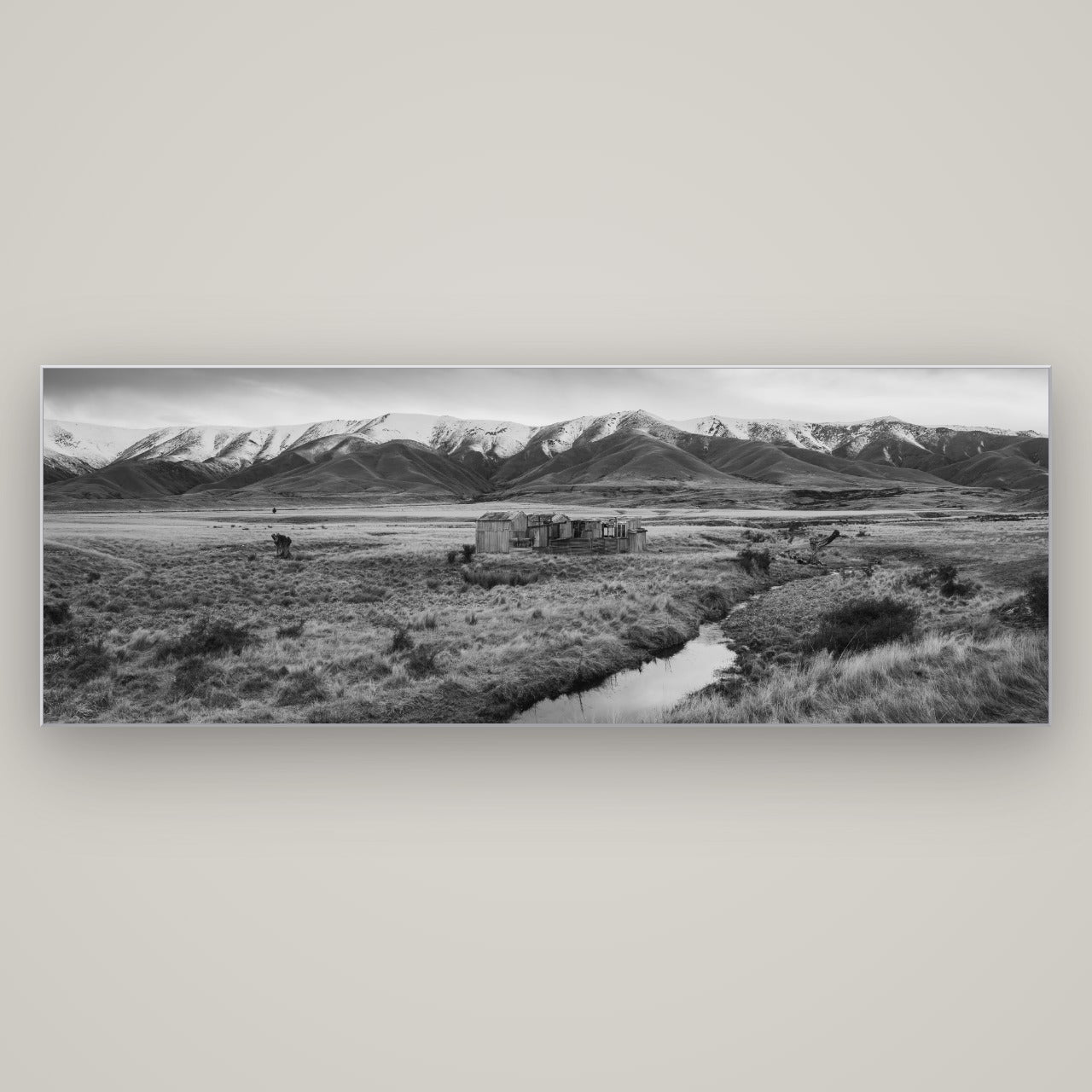 Whispers of Solitude, The Old Homestead — Slimline Silver, 198×70 cm. New Zealand fine art wall art by Stephen Milner.