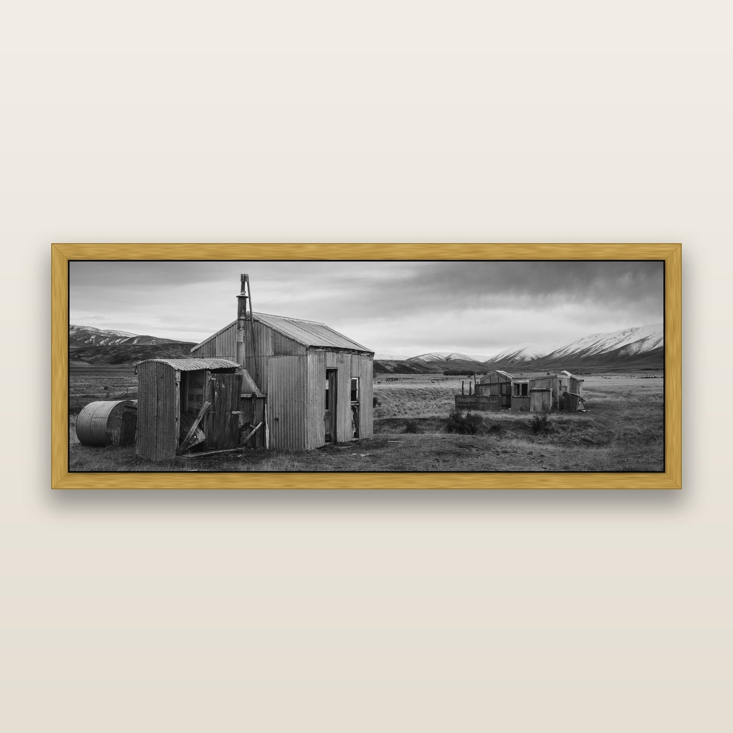 Whispers of Solitude, The Station Huts — black and white framed metallic canvas print, Antique Gold frame. New Zealand fine art wall art by Stephen Milner.