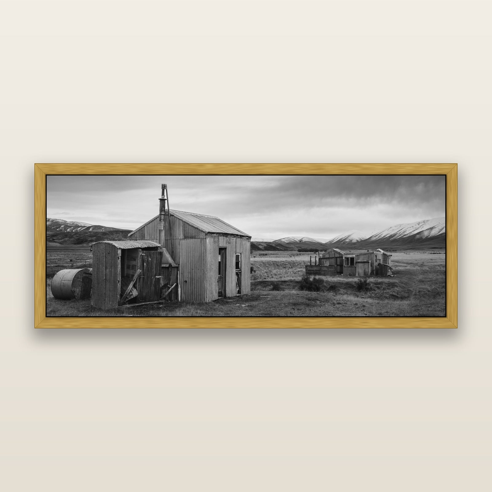 Whispers of Solitude, The Station Huts, black and white framed metallic canvas print, Antique Gold frame. New Zealand fine art wall art by Stephen Milner.
