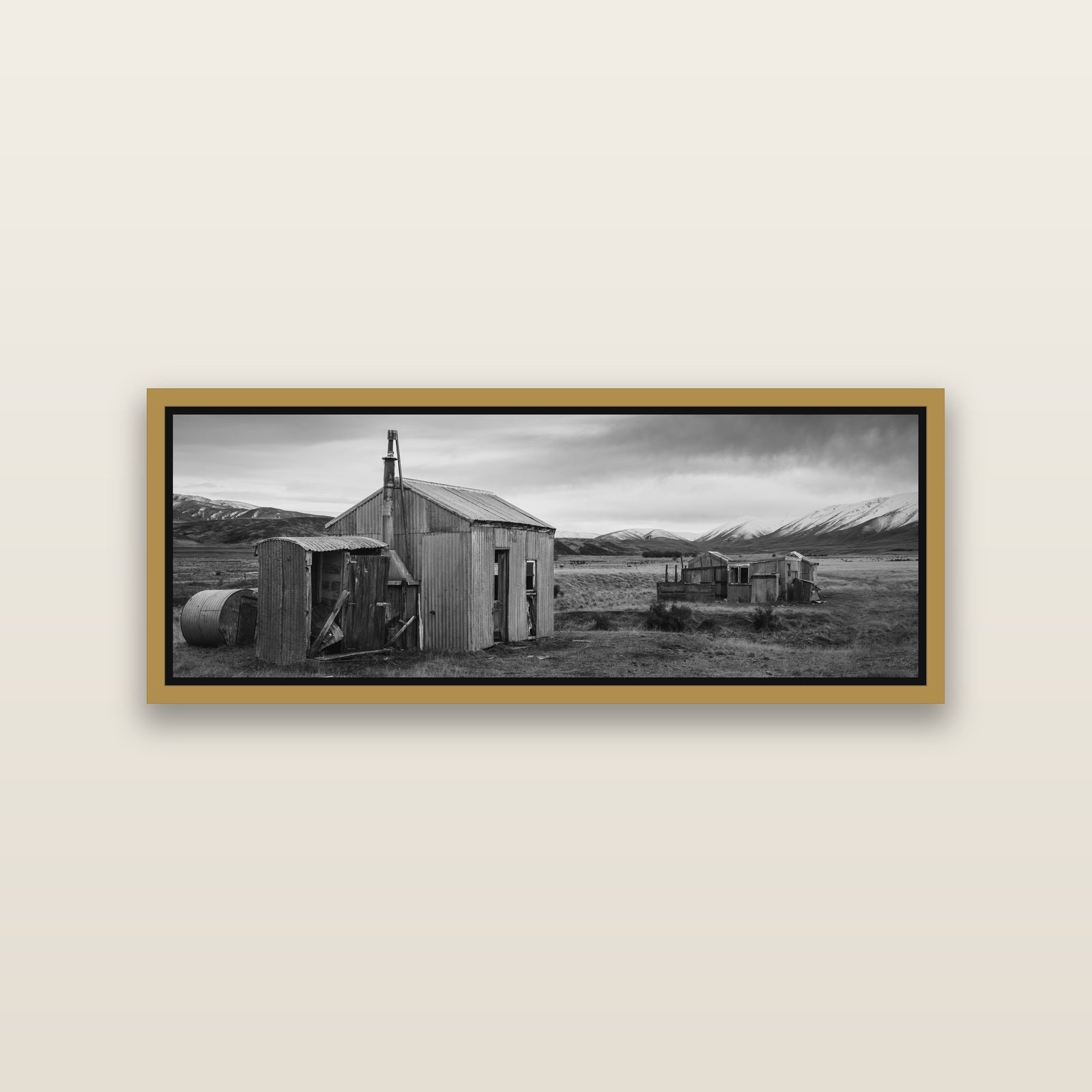 Whispers of Solitude, The Station Huts — Antique Gold framed metallic canvas print, small 86 × 30 cm. New Zealand fine art landscape wall art by Stephen Milner.