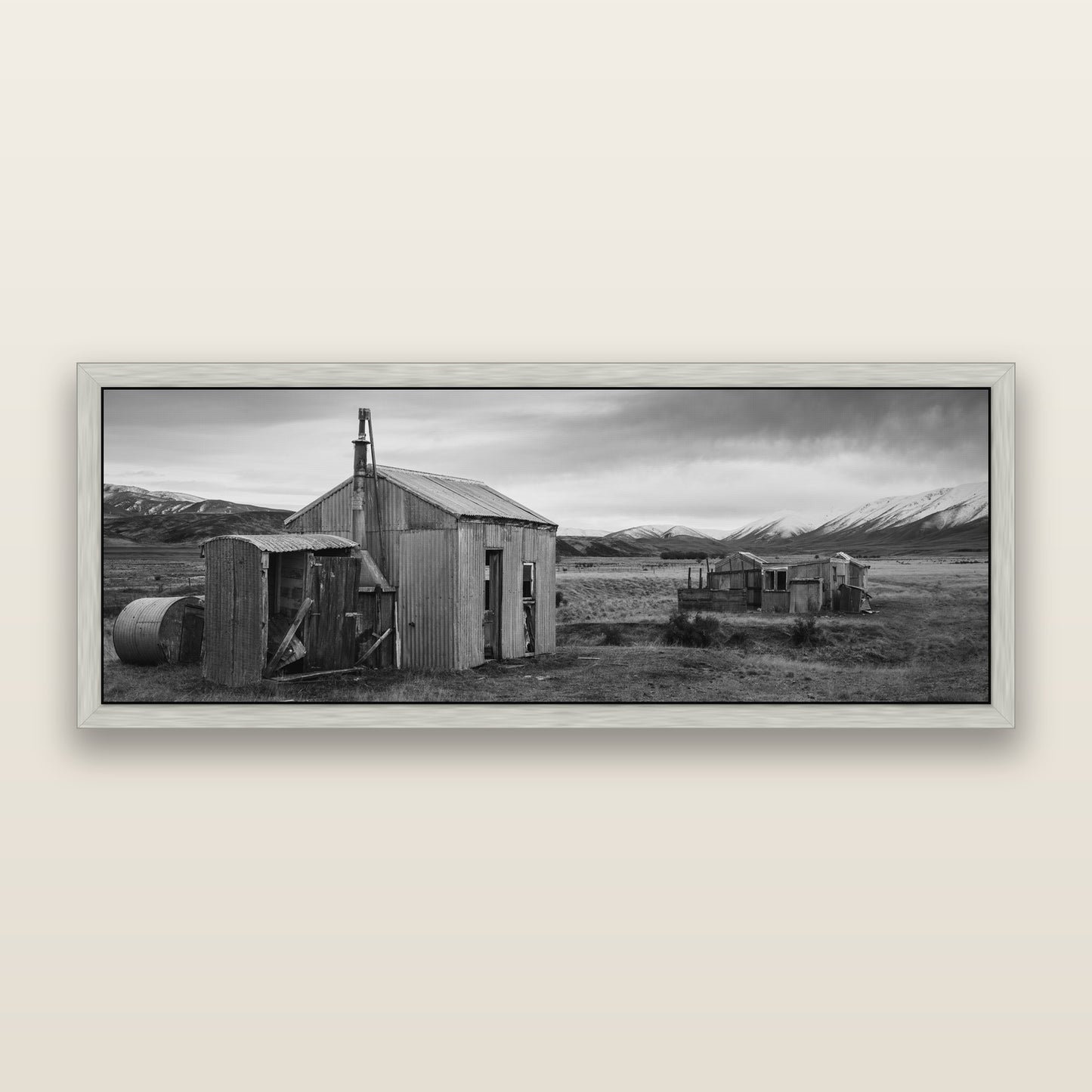 Whispers of Solitude, The Station Huts — black and white framed metallic canvas print, Antique Silver frame. New Zealand fine art wall art by Stephen Milner.