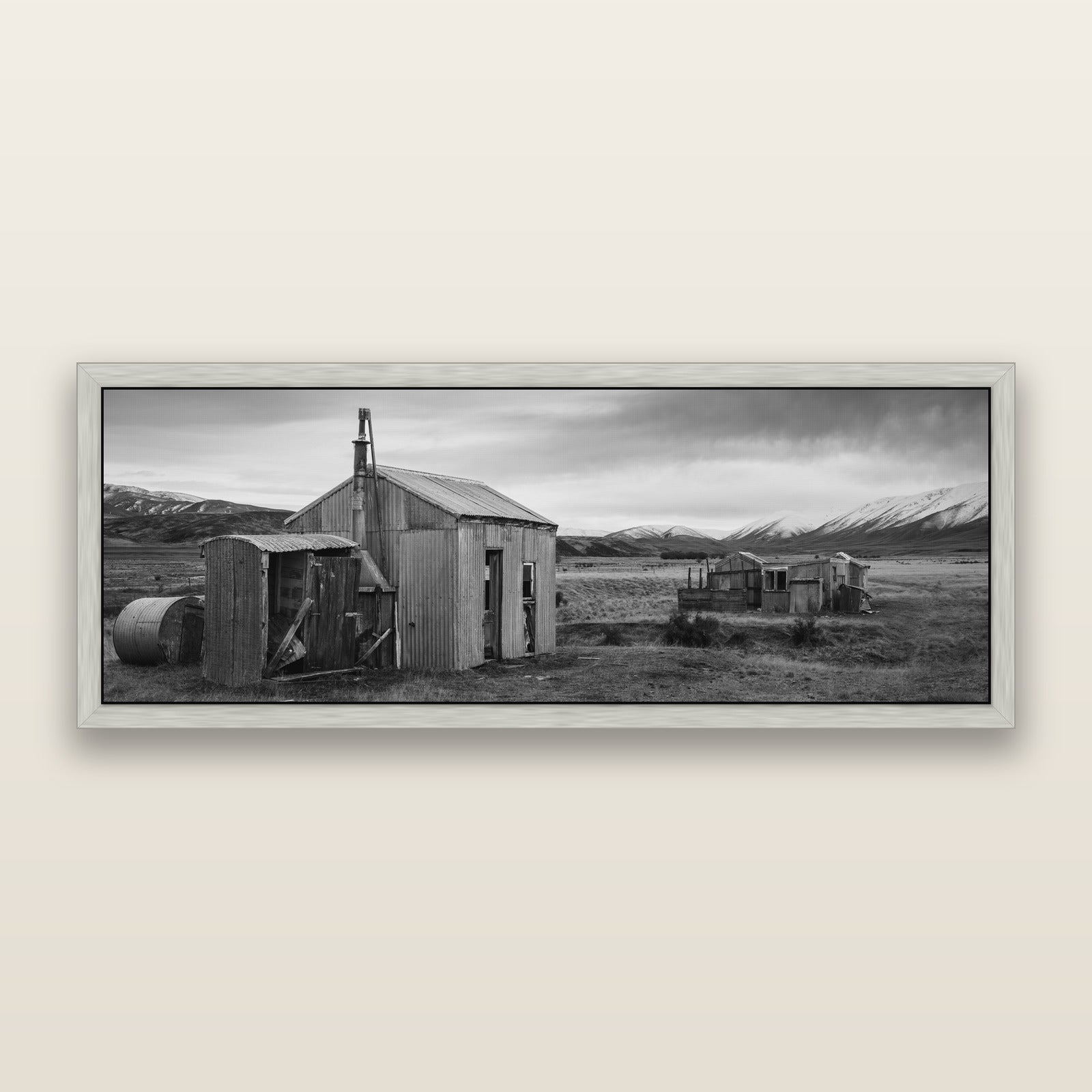Whispers of Solitude, The Station Huts, black and white framed metallic canvas print, Antique Silver frame. New Zealand fine art wall art by Stephen Milner.