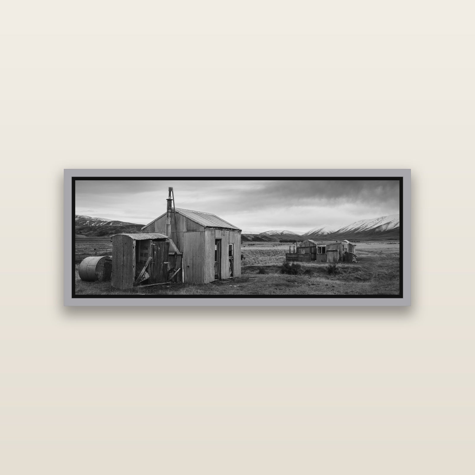Whispers of Solitude, The Station Huts — Antique Silver framed metallic canvas print, small 86 × 30 cm. New Zealand fine art landscape wall art by Stephen Milner.