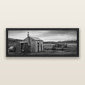 Whispers of Solitude, The Station Huts, black and white framed metallic canvas print, Black frame. New Zealand fine art wall art by Stephen Milner.