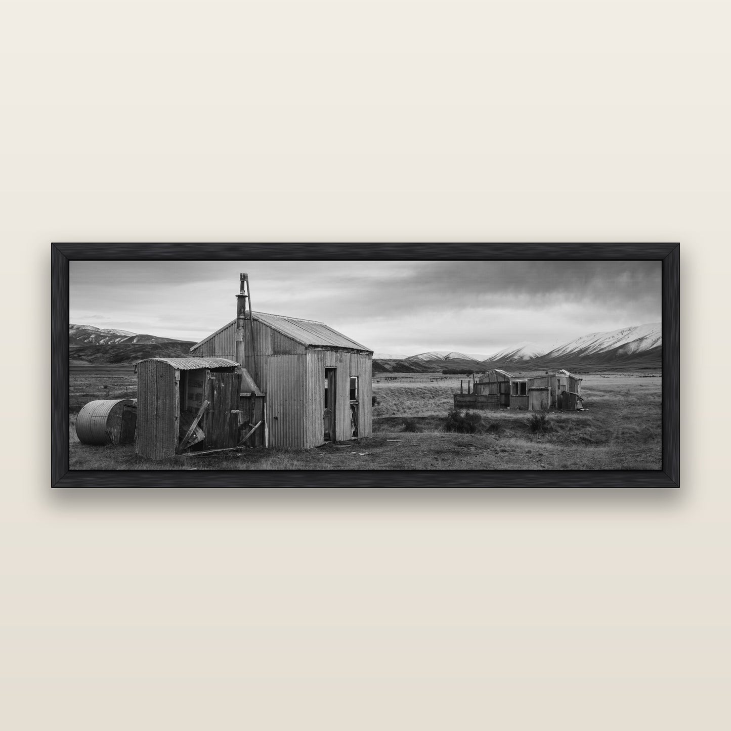 Whispers of Solitude, The Station Huts — black and white framed metallic canvas print, Black frame. New Zealand fine art wall art by Stephen Milner.