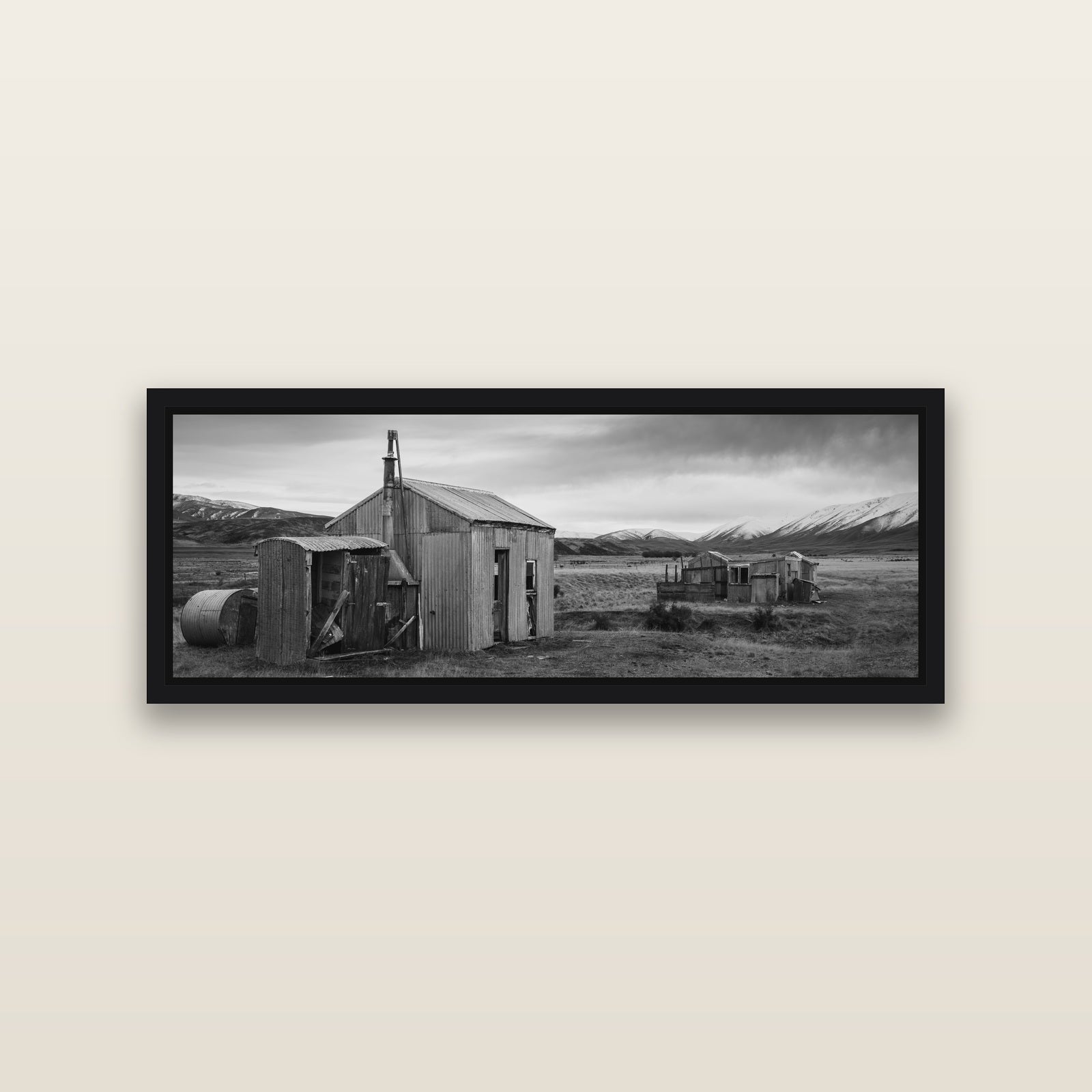 Whispers of Solitude, The Station Huts — Black framed metallic canvas print, small 86 × 30 cm. New Zealand fine art landscape wall art by Stephen Milner.