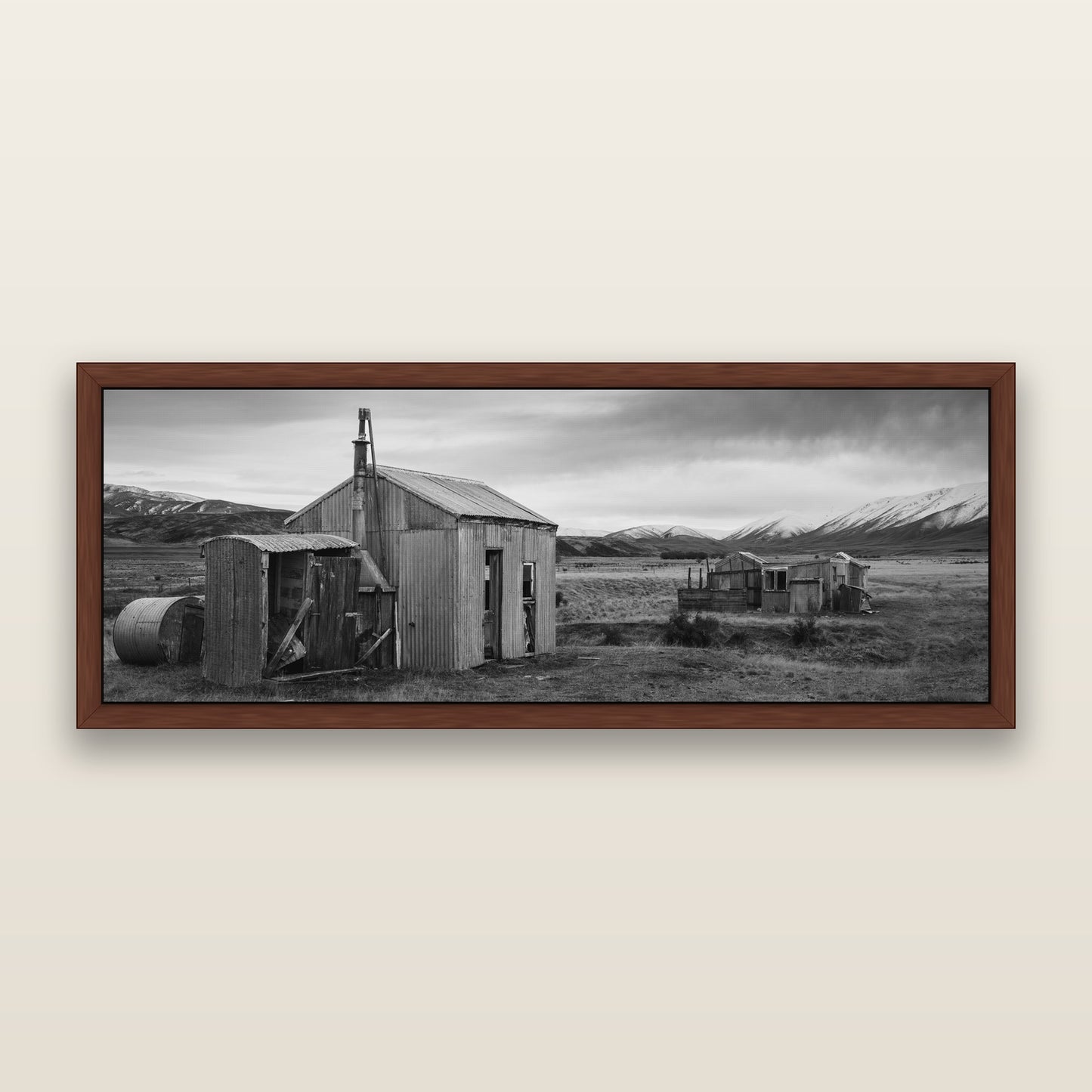 Whispers of Solitude, The Station Huts — black and white framed metallic canvas print, Brown frame. New Zealand fine art wall art by Stephen Milner.