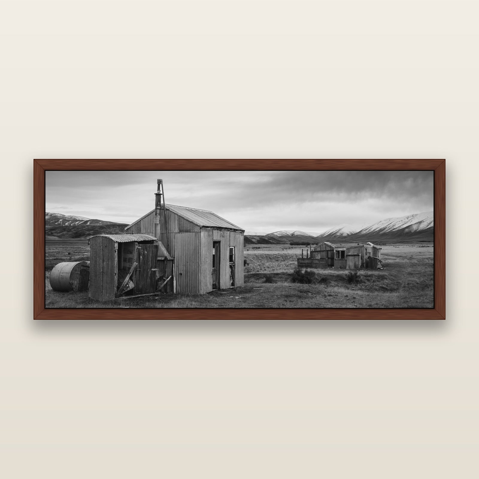 Whispers of Solitude, The Station Huts, black and white framed metallic canvas print, Brown frame. New Zealand fine art wall art by Stephen Milner.