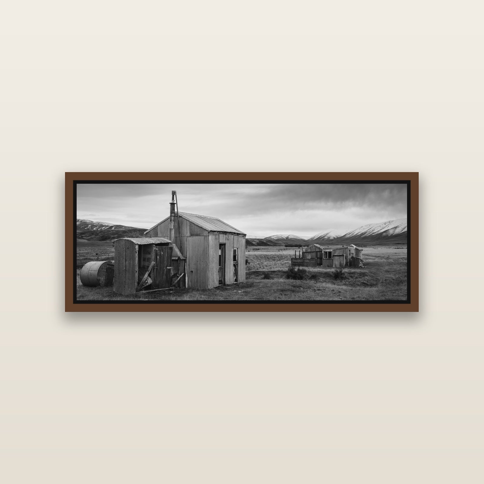 Whispers of Solitude, The Station Huts — Brown framed metallic canvas print, small 86 × 30 cm. New Zealand fine art landscape wall art by Stephen Milner.