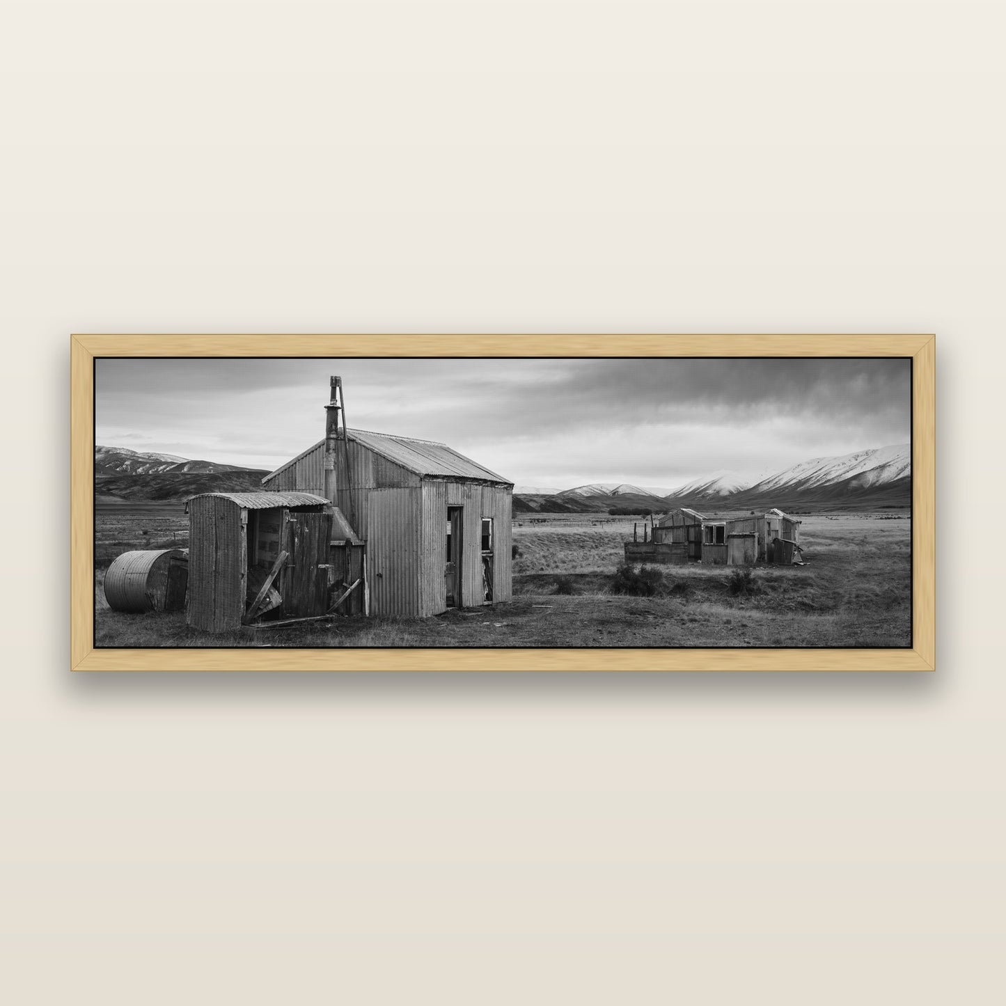 Whispers of Solitude, The Station Huts — black and white framed metallic canvas print, Natural frame. New Zealand fine art wall art by Stephen Milner.