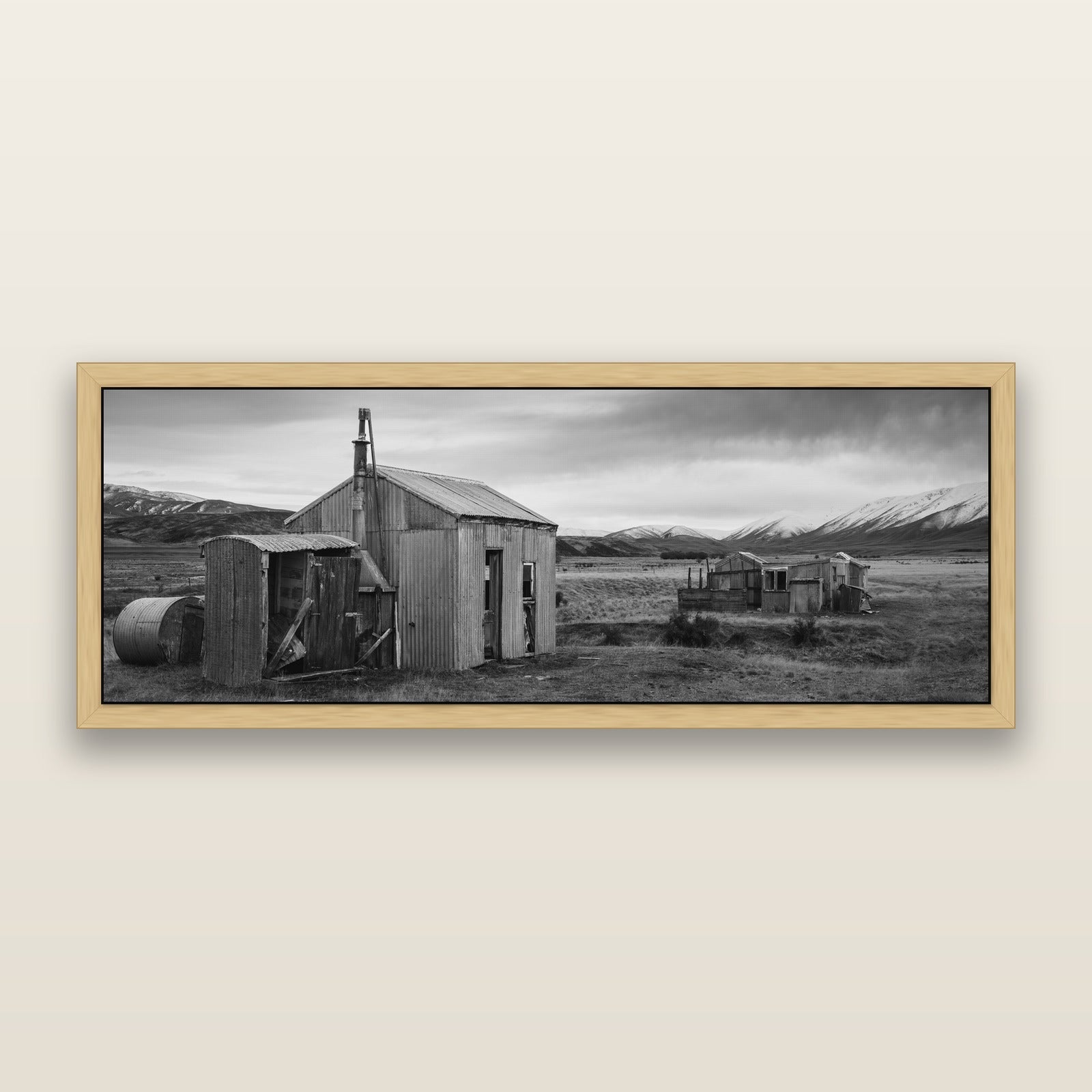 Whispers of Solitude, The Station Huts, black and white framed metallic canvas print, Natural frame. New Zealand fine art wall art by Stephen Milner.