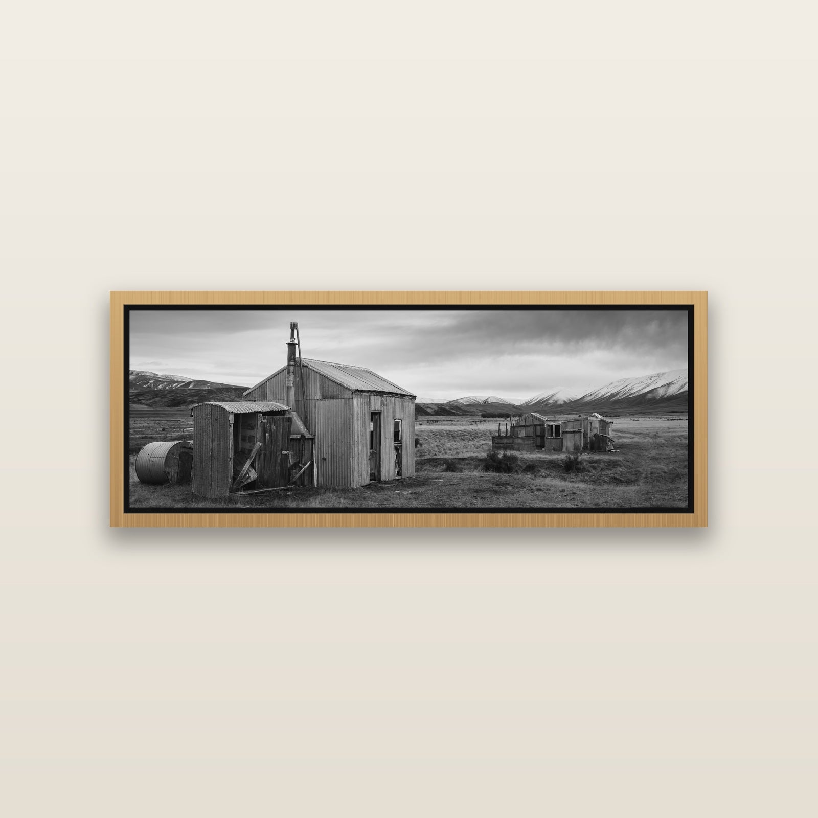 Whispers of Solitude, The Station Huts — Natural framed metallic canvas print, small 86 × 30 cm. New Zealand fine art landscape wall art by Stephen Milner.