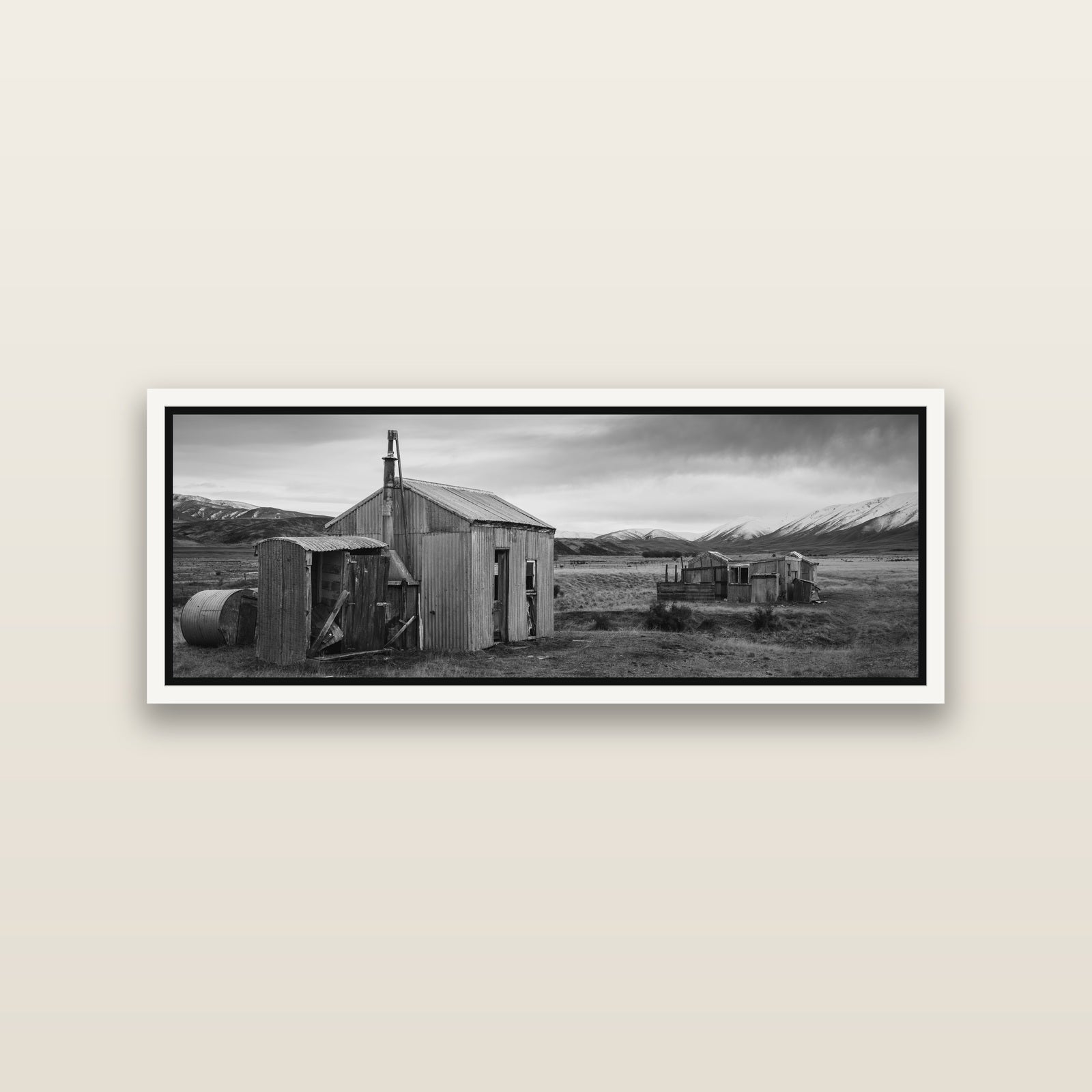 Whispers of Solitude, The Station Huts — White framed metallic canvas print, small 86 × 30 cm. New Zealand fine art landscape wall art by Stephen Milner.