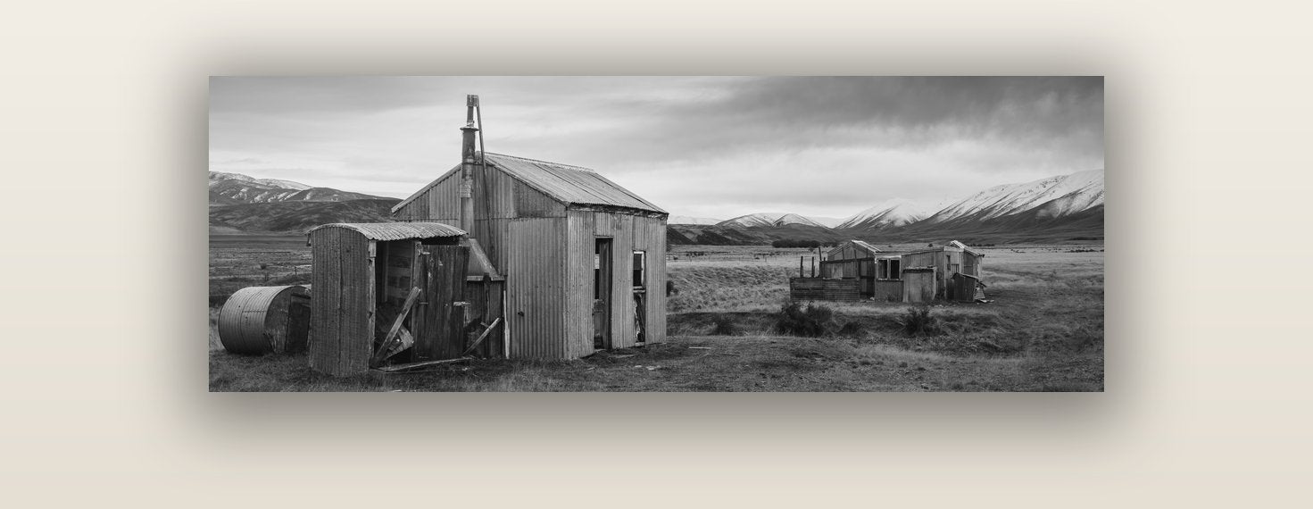 Whispers of Solitude, The Station Huts — acrylic glass print, 122 × 41 cm. New Zealand fine art landscape wall art by Stephen Milner.
