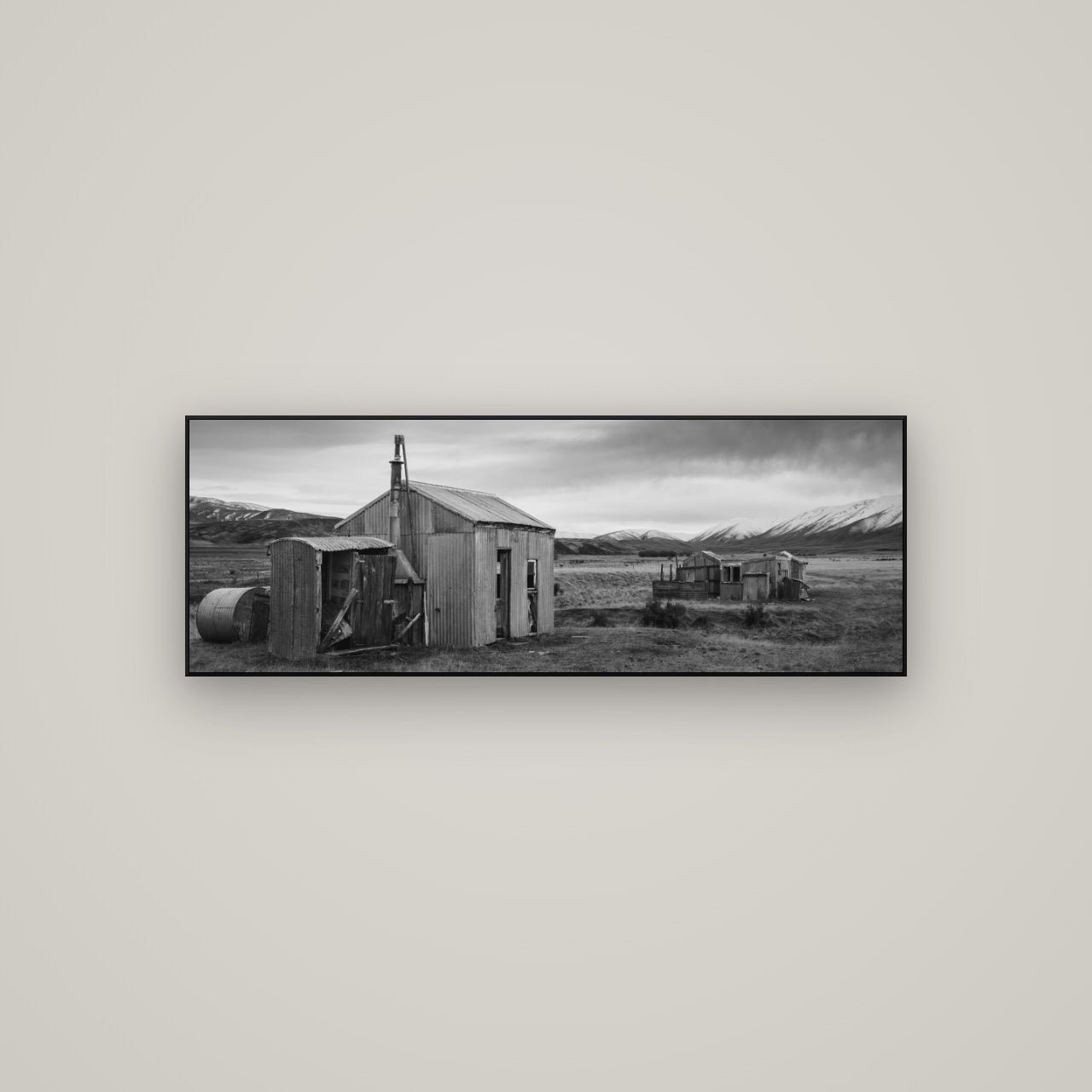 Whispers of Solitude, The Station Huts — ArtBox Black, 113×40 cm. New Zealand fine art wall art by Stephen Milner.