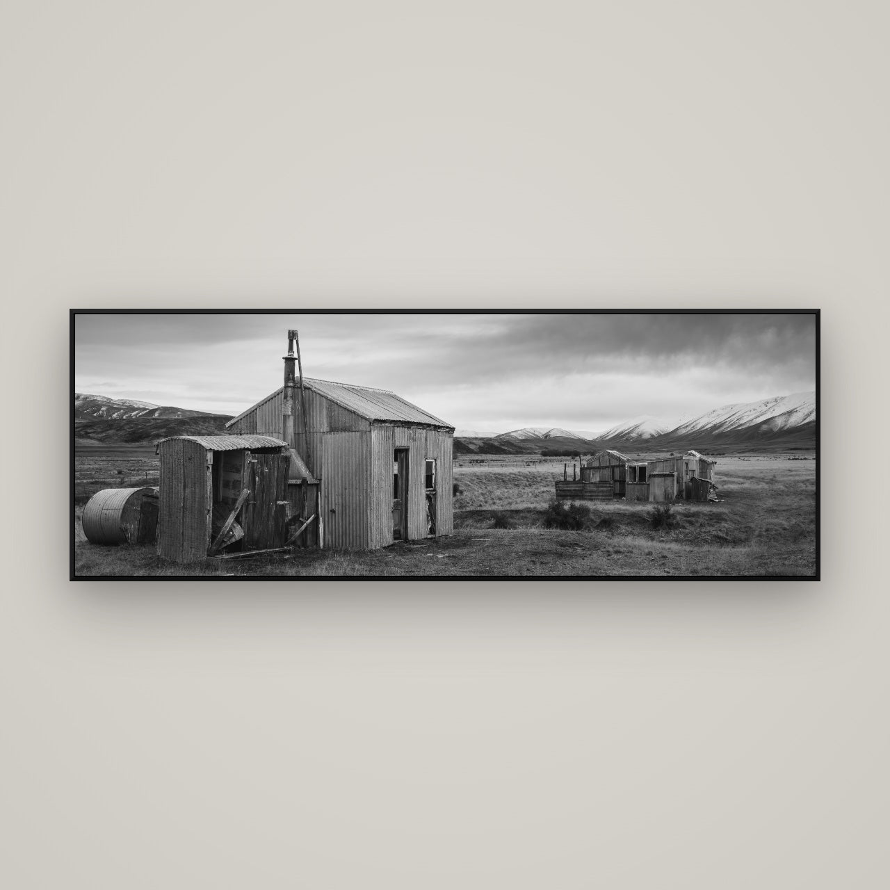 Whispers of Solitude, The Station Huts — ArtBox Black, 170×60 cm. New Zealand fine art wall art by Stephen Milner.