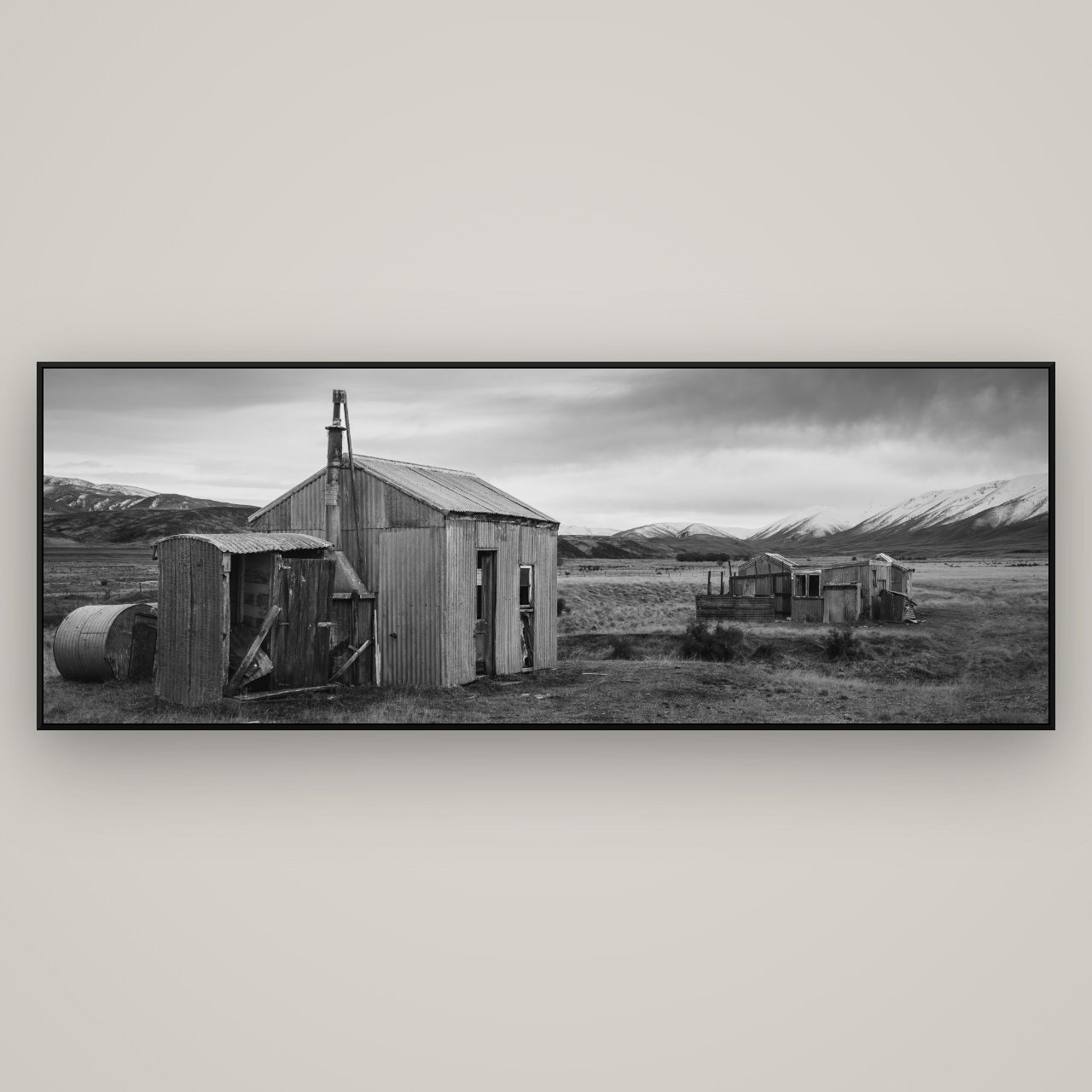 Whispers of Solitude, The Station Huts — ArtBox Black, 198×70 cm. New Zealand fine art wall art by Stephen Milner.
