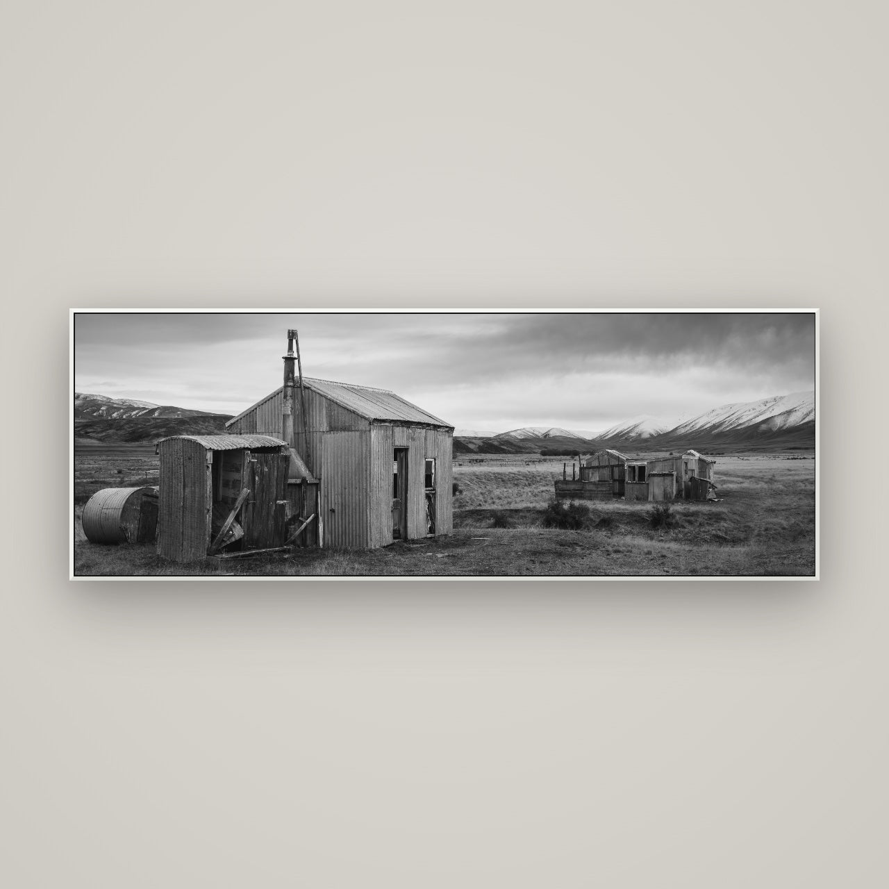 Whispers of Solitude, The Station Huts — ArtBox White, 170×60 cm. New Zealand fine art wall art by Stephen Milner.