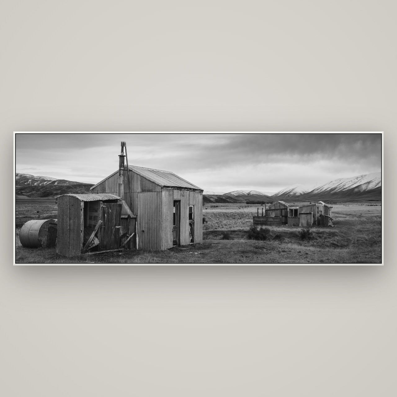 Whispers of Solitude, The Station Huts — ArtBox White, 198×70 cm. New Zealand fine art wall art by Stephen Milner.