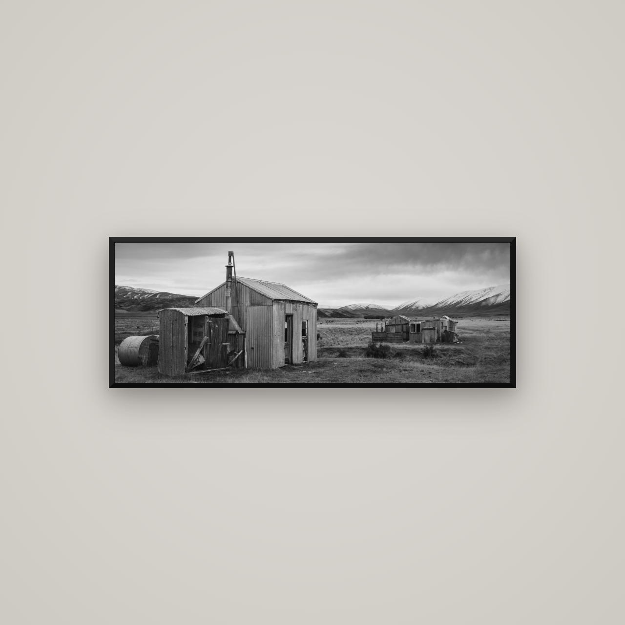 Whispers of Solitude, The Station Huts — Basel Black Matte, 113×40 cm. New Zealand fine art wall art by Stephen Milner.
