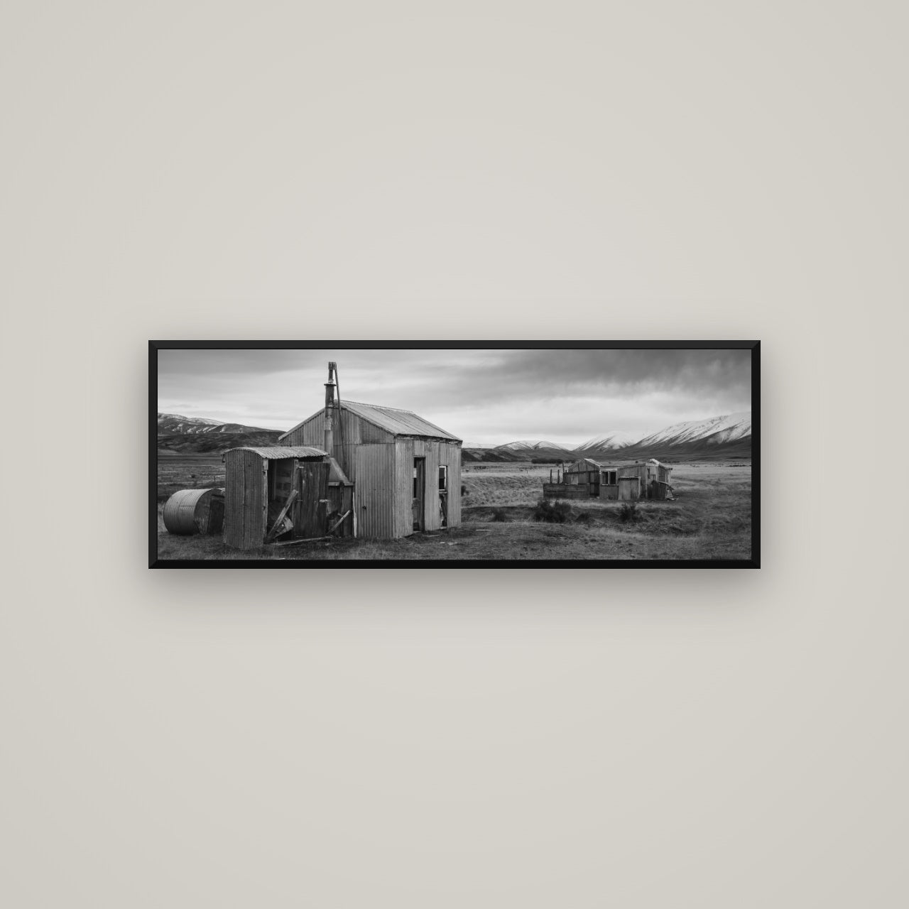 Whispers of Solitude, The Station Huts — Basel Black, 113×40 cm. New Zealand fine art wall art by Stephen Milner.