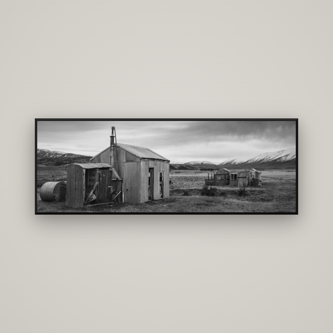 Whispers of Solitude, The Station Huts — Basel Black Matte, 170×60 cm. New Zealand fine art wall art by Stephen Milner.