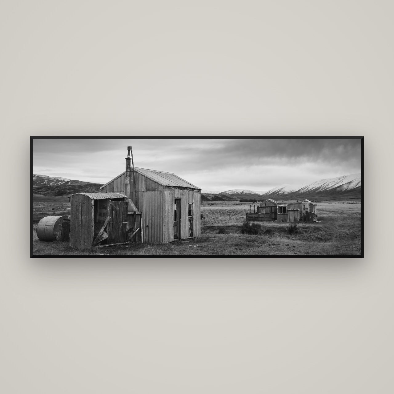 Whispers of Solitude, The Station Huts — Basel Black, 170×60 cm. New Zealand fine art wall art by Stephen Milner.