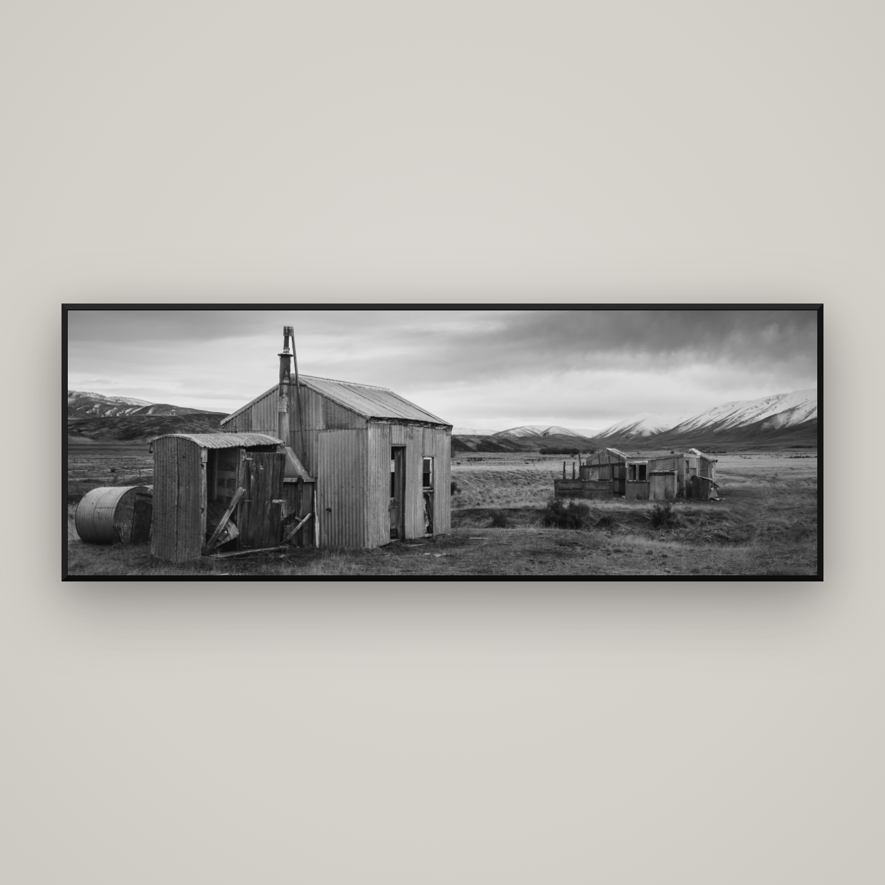 Whispers of Solitude, The Station Huts — Basel Black Matte, 198×70 cm. New Zealand fine art wall art by Stephen Milner.