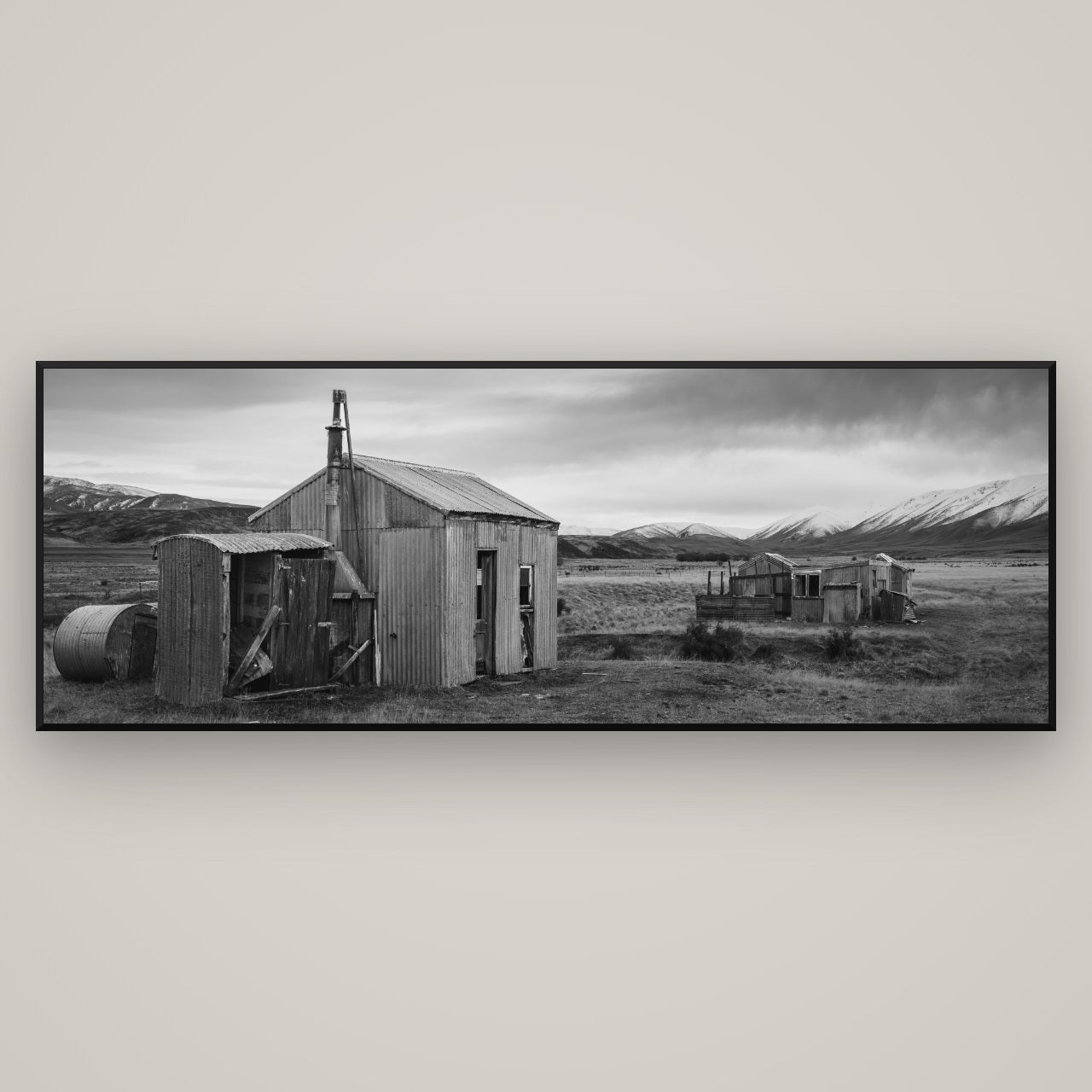 Whispers of Solitude, The Station Huts — Basel Black, 198×70 cm. New Zealand fine art wall art by Stephen Milner.