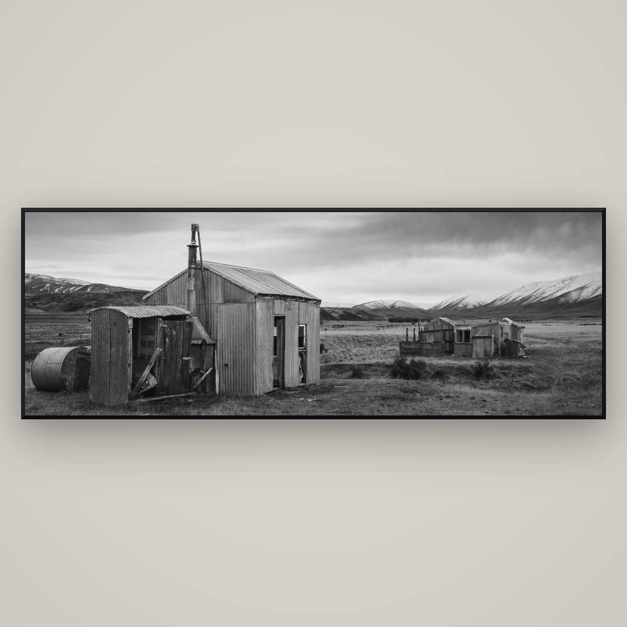 Whispers of Solitude, The Station Huts — Basel Black Matte, 227×80 cm. New Zealand fine art wall art by Stephen Milner.