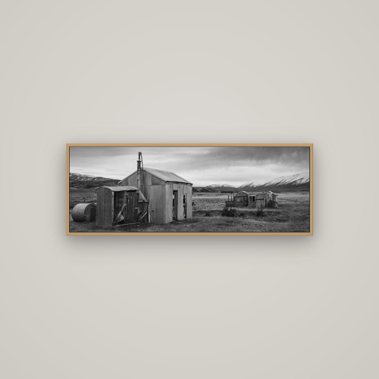 Whispers of Solitude, The Station Huts, Basel Natural Oak, 113×40 cm. New Zealand fine art wall art by Stephen Milner.