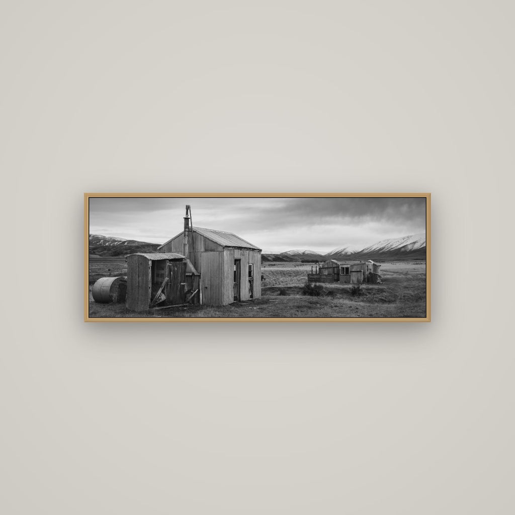 Whispers of Solitude, The Station Huts, Basel Natural Oak, 113×40 cm. New Zealand fine art wall art by Stephen Milner.