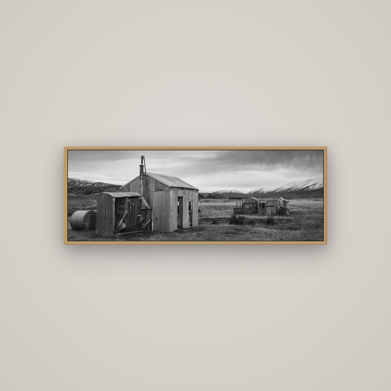 Whispers of Solitude, The Station Huts, Basel Natural Oak, 113×40 cm. New Zealand fine art wall art by Stephen Milner.